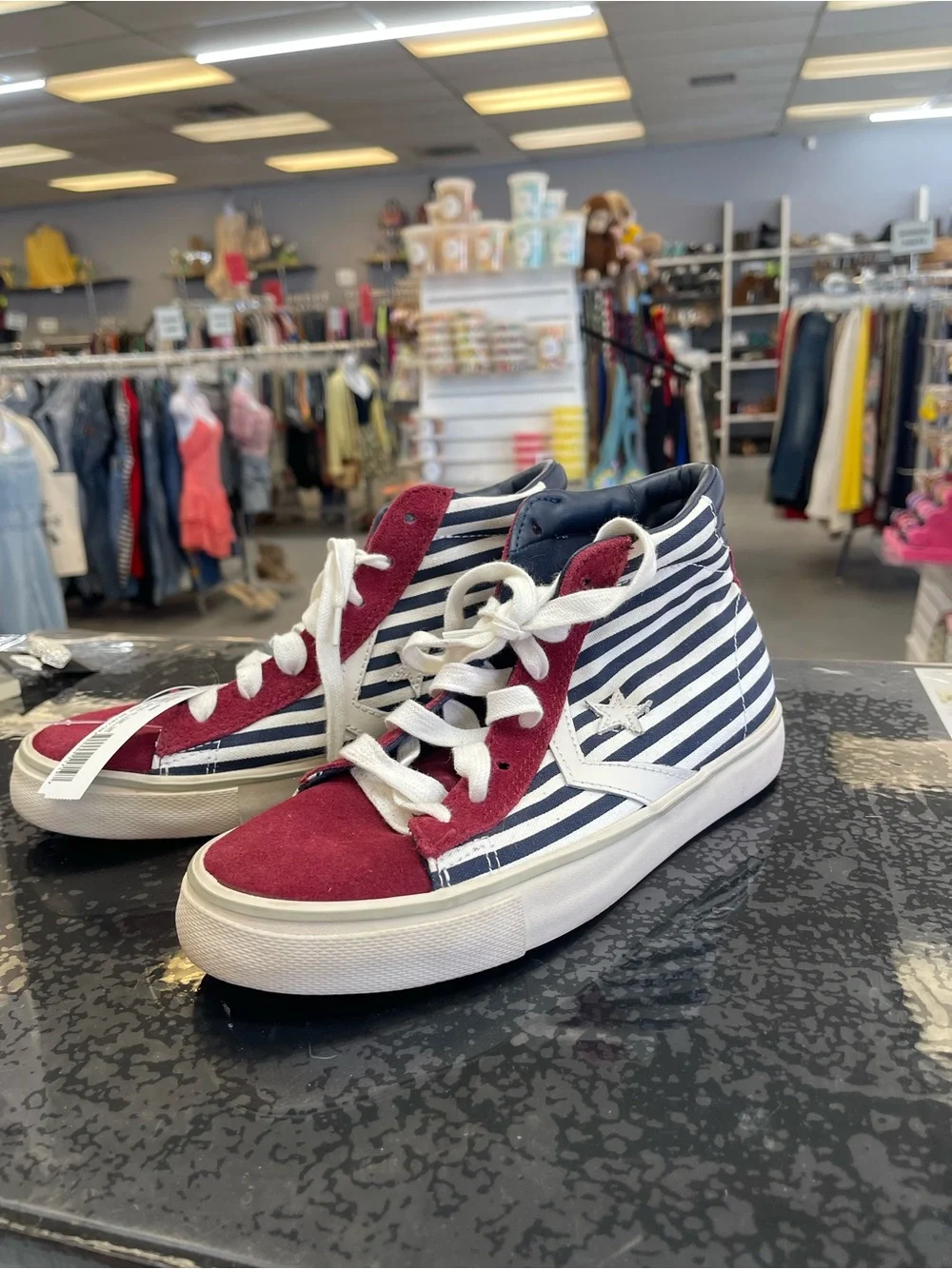 Converse High Top Sneakers in Red, Navy & White Stripe - Picture 3 of 5